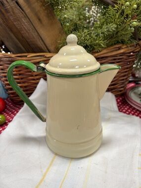 Cream Enamel Coffee Pot with Green Trim